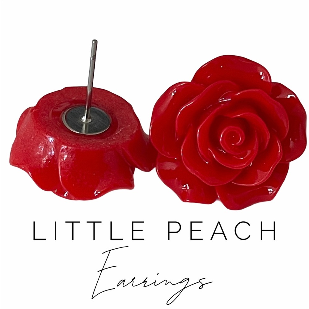 Handmade Red Resin Rose Earrings‎ Pierced Pair